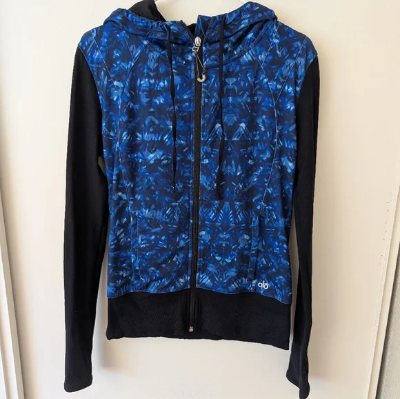 Alo Yoga Women Large Flow Zip Up Jacket Blue Black Activewear Workout Athleisure - Picture 1 of 6